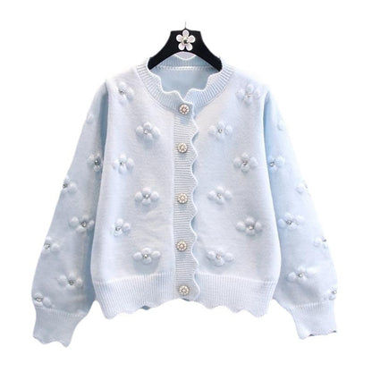 Women's playful knit cardigan with decorative pearl buttons and floral design NOVAE