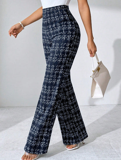 Women's High-Waisted Palazzo Trousers with Textured Check Pattern NOVAE