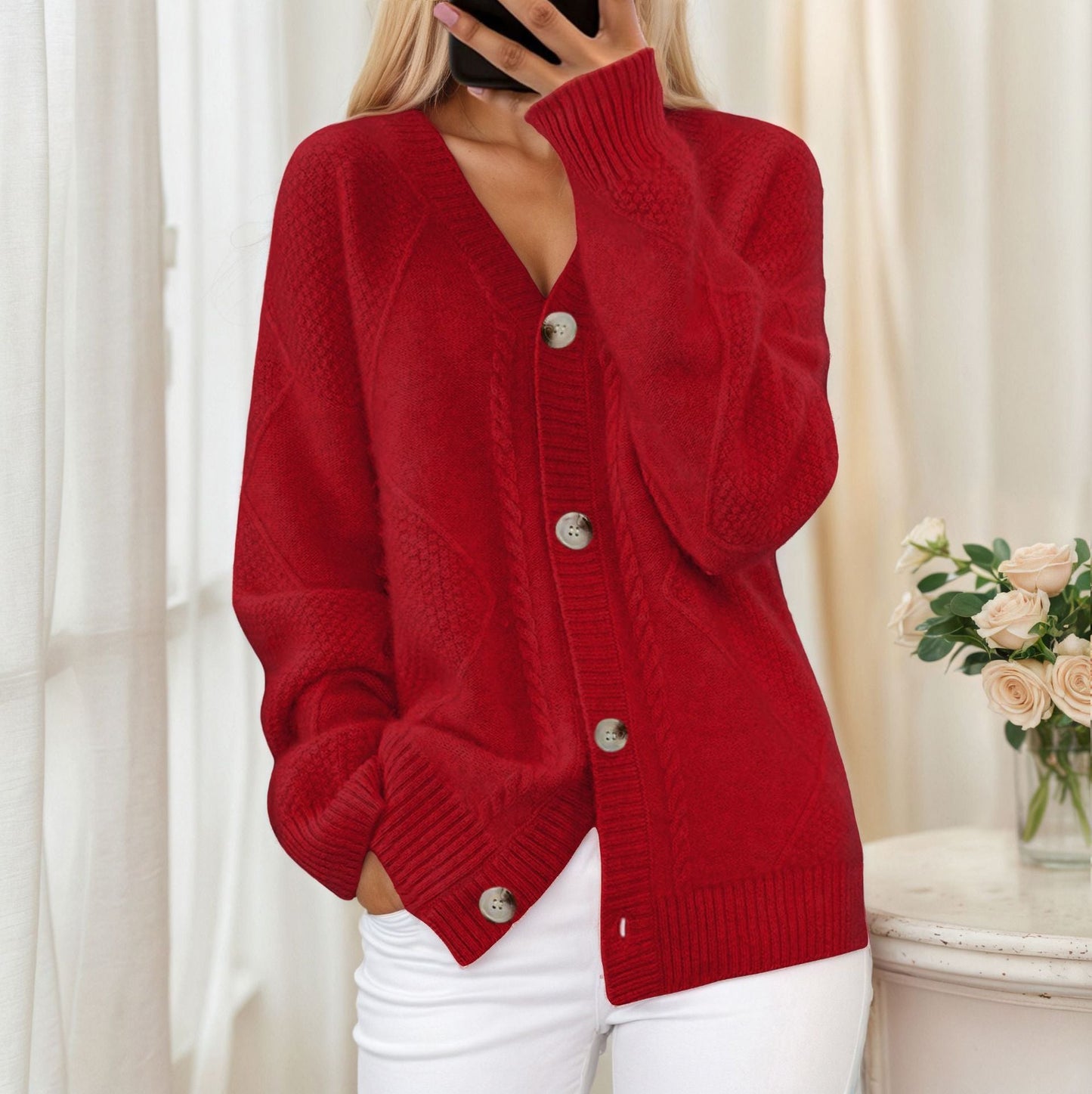 Women's cardigan with braided pattern and elegant button detail NOVAE
