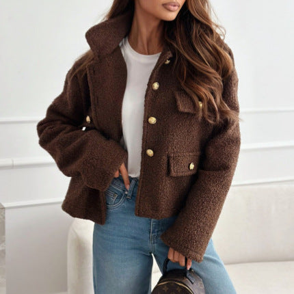 Women's Fluffy Fleece Jacket with Decorative Pockets and Gold Buttons NOVAE