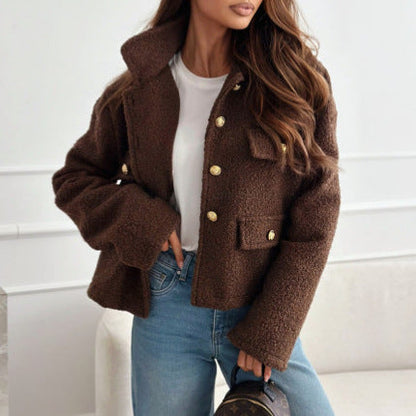 Women's Fluffy Fleece Jacket with Decorative Pockets and Gold Buttons NOVAE