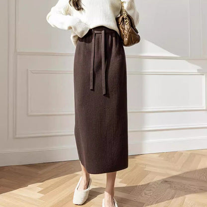 Women's midi skirt with waist lacing and ribbed design NOVAE