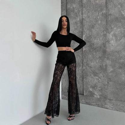 Women's elegant lace trouser suit with high waist and flowing cut NOVAE