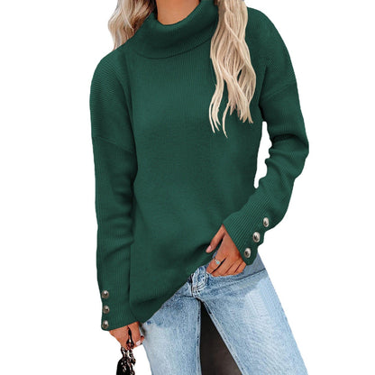 Women's roll-neck sweater with striped design and decorative buttons NOVAE