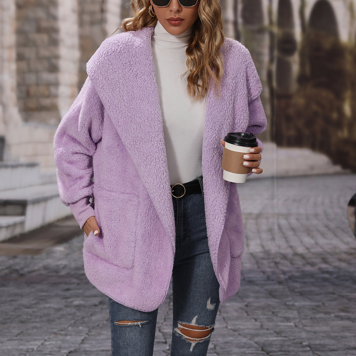 Women's Cozy Plush Jacket with Open Collar NOVAE