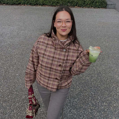 Women's Checkered Oversized Jacket with High Collar and Unique Button Placket NOVAE