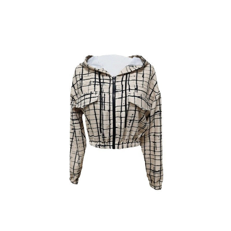 Women's stylish short jacket with geometric pattern and modern kangaroo pocket NOVAE
