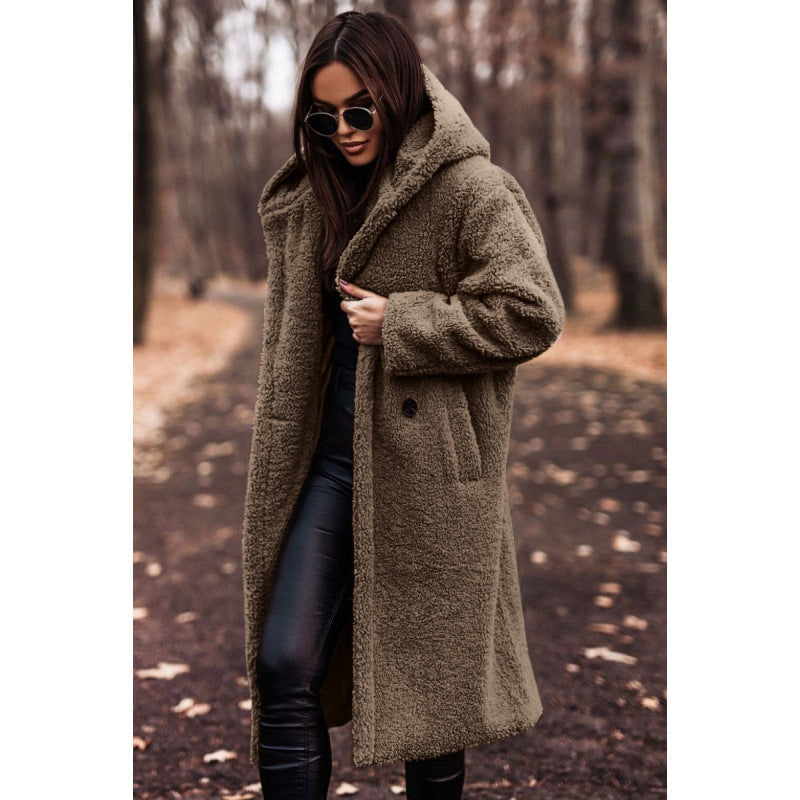 Women's cozy teddy coat with hood and button closure NOVAE