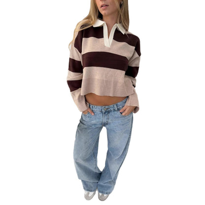 Women's cropped pullover with a modern striped pattern and sporty collar NOVAE