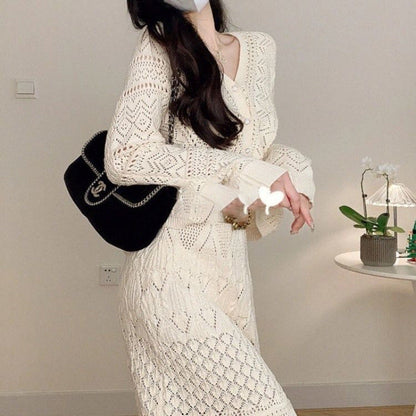Women's knit dress with fine openwork pattern and elegant button details NOVAE