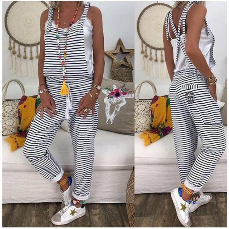 Women's Casual Jumpsuit with Off-Shoulder Ruching and Fashionable Stripe Pattern NOVAE