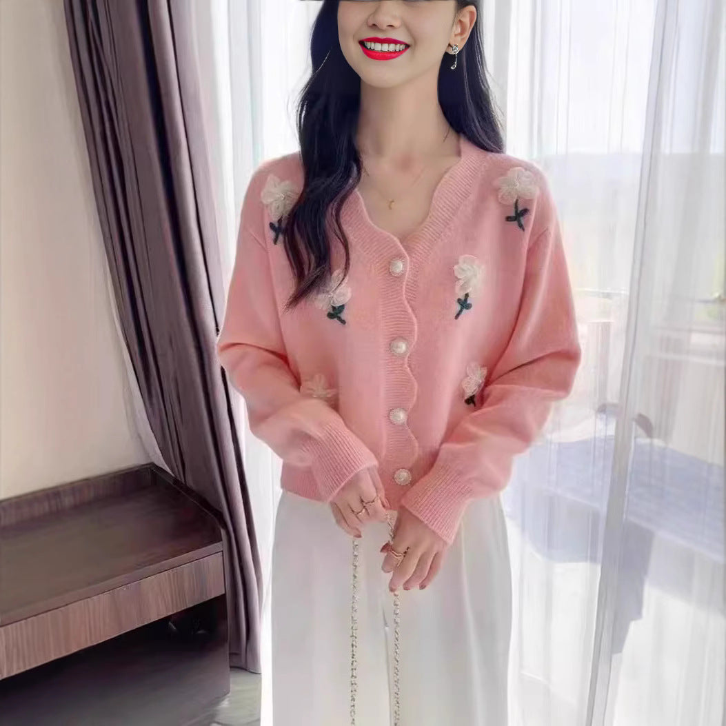 Women's cardigan with floral design and elegant pearl buttons NOVAE