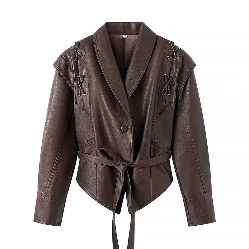 Women's fitted faux leather jacket with playful lacing detail NOVAE