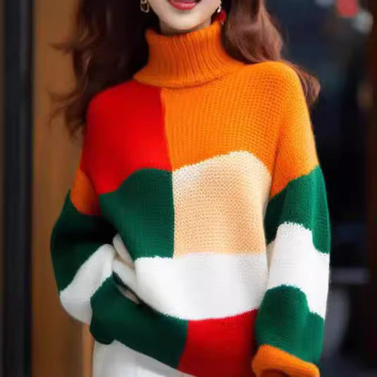 Women's chunky knit sweater with high collar and colorful color block design NOVAE