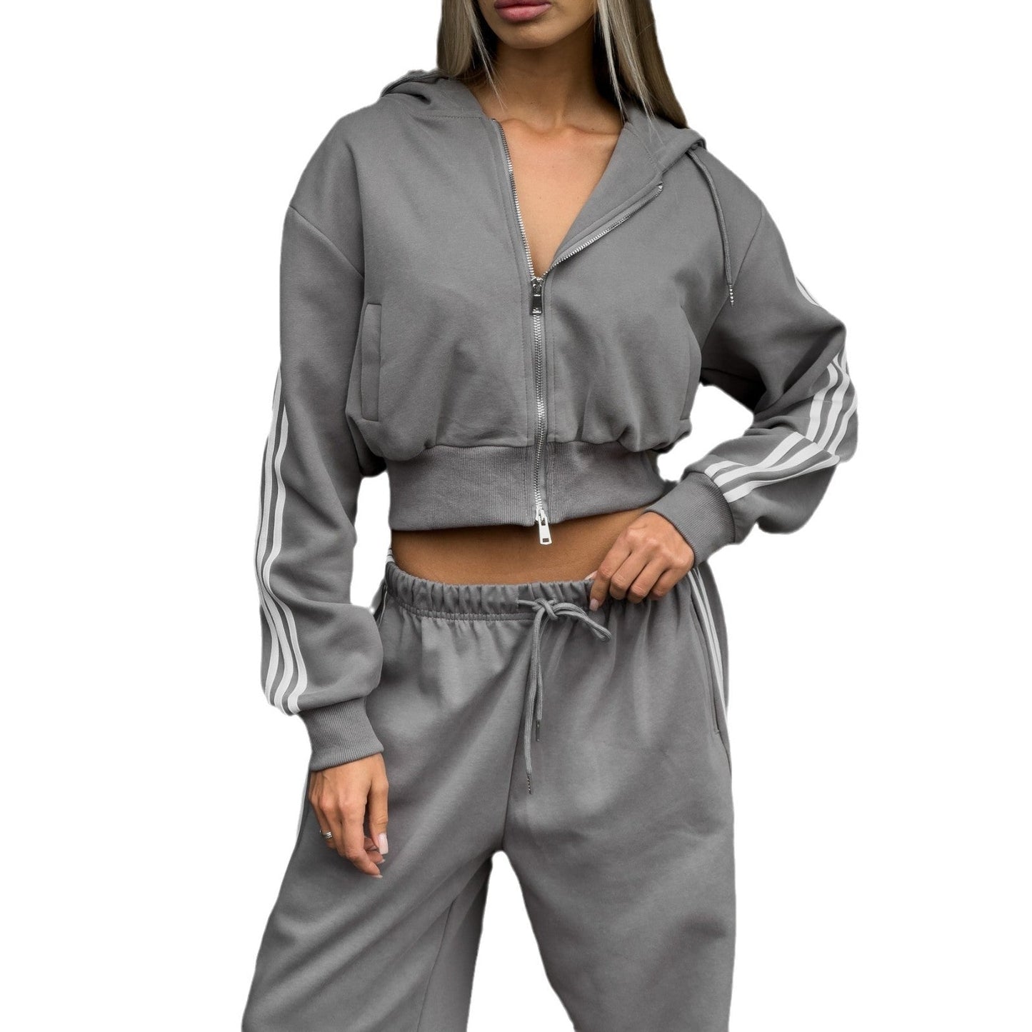 Women's sporty cropped hoodie with practical zippers and contrasting side stripes NOVAE