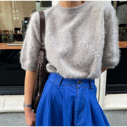 Women's fluffy short-sleeved sweater in an elegant design NOVAE