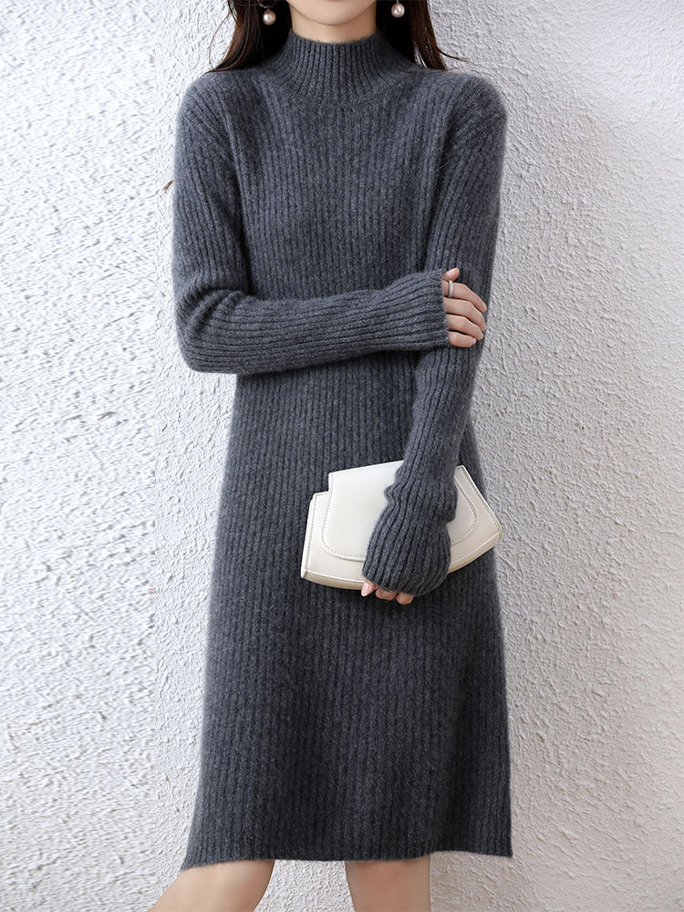 Women's knitted dress in an elegant ribbed design with a high collar NOVAE