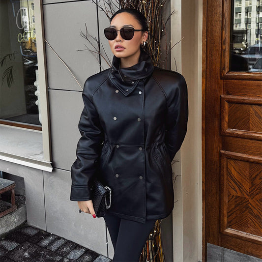 Women's fashionable faux leather jacket with high collar and practical pockets NOVAE