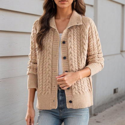 Women's chunky knit cardigan with decorative cable pattern and practical pockets NOVAE