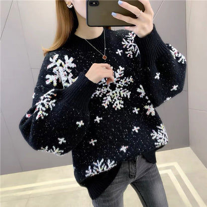 Women's knitted sweater with winter motif and puff sleeves NOVAE