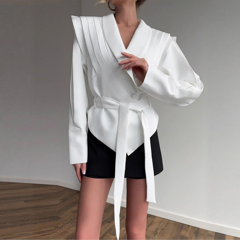 Women's couture blazer with elegant collar and waist belt NOVAE