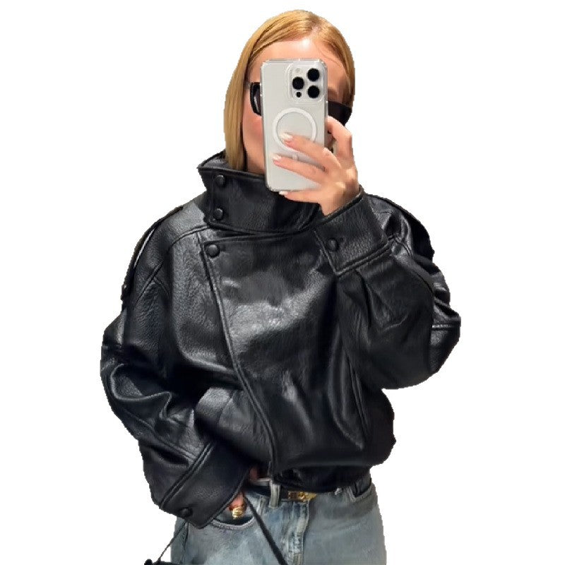 Women's elegant and voluminous leather jacket with stand-up collar NOVAE
