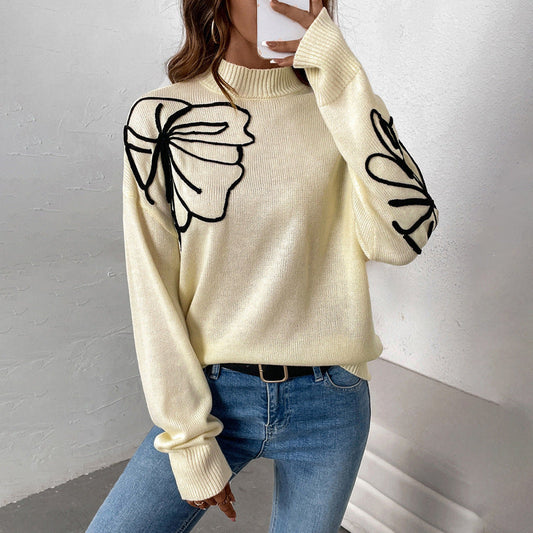 Women's knitted sweater with floral design and high collar NOVAE