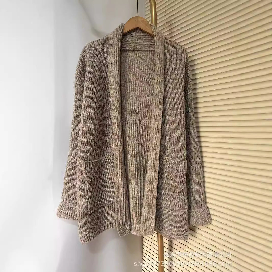 Women's chunky knit cardigan with elegant lapels and waist belt NOVAE