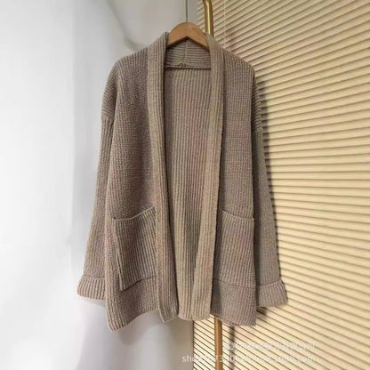 Women's chunky knit cardigan with elegant lapels and waist belt NOVAE