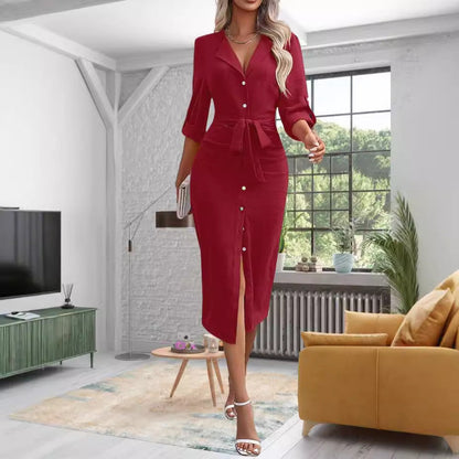 Women's Knee-Length Shirt Dress with Waist Belt NOVAE