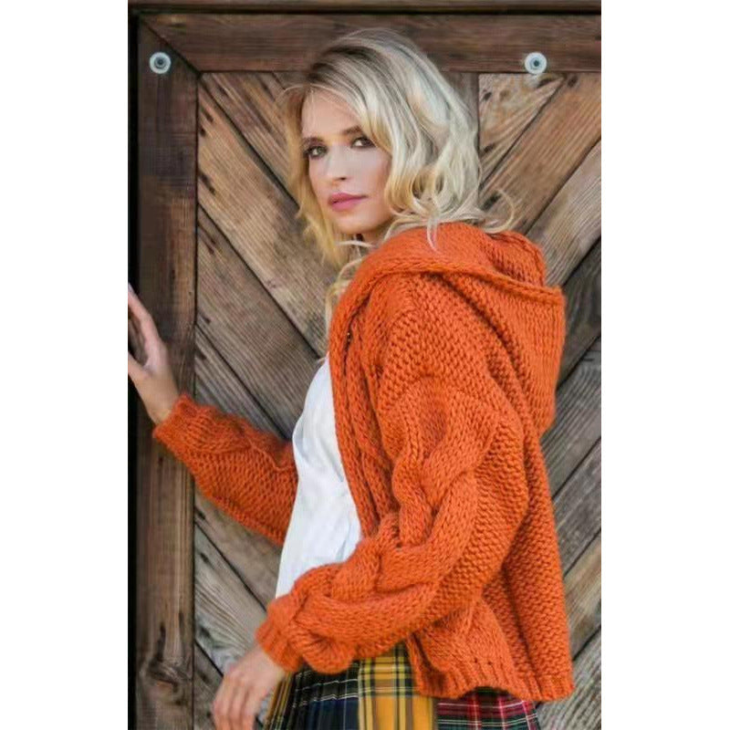 Women's knitted hooded jacket with voluminous fabric and cable knit pattern NOVAE