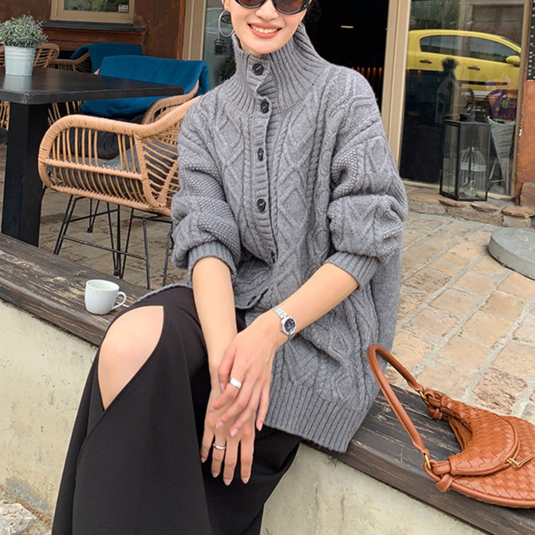 Women's cardigan with high collar and textured surface NOVAE