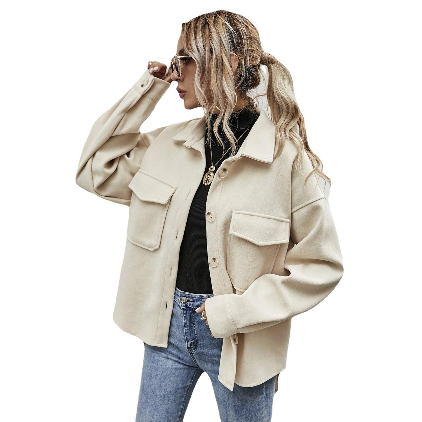 Women's elegant oversized jacket with patch pockets and fashionable collar NOVAE