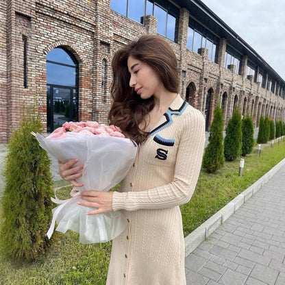 Women's knitted dress with elegant button placket and shirt collar NOVAE