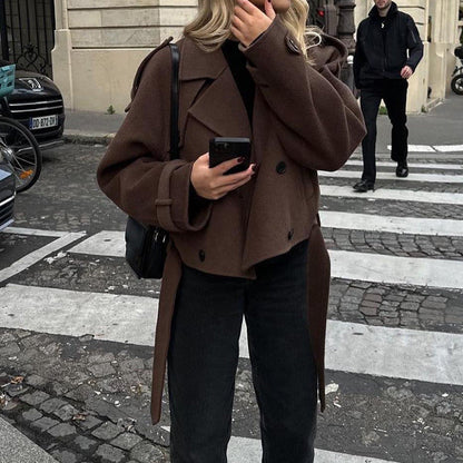 Women's fashionable short trench jacket with waist belt NOVAE