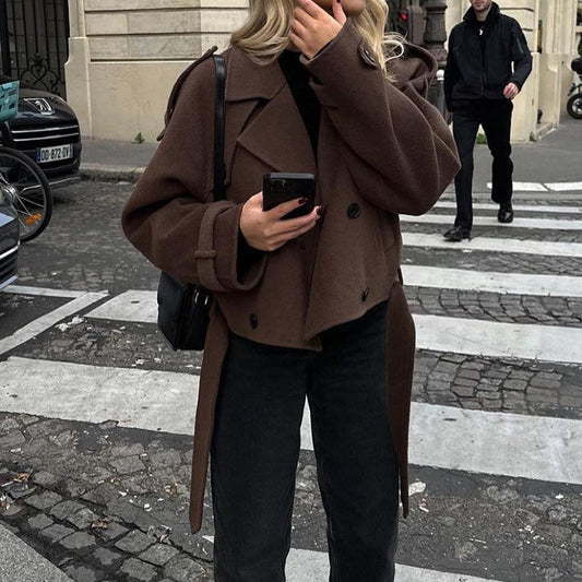 Women's fashionable short trench jacket with waist belt NOVAE