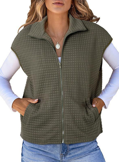 Women's Lightweight Waffle Knit Vest with Pockets and Stand-Up Collar NOVAE