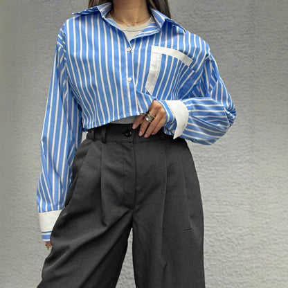 Women's cropped shirt blouse with fine stripes and contrasting chest pocket NOVAE