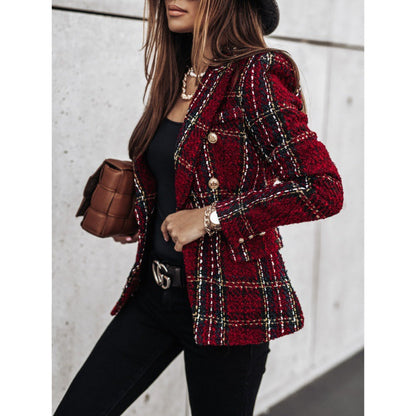 Women's Checkered Blazer with Gold Buttons and Textured Fabric NOVAE