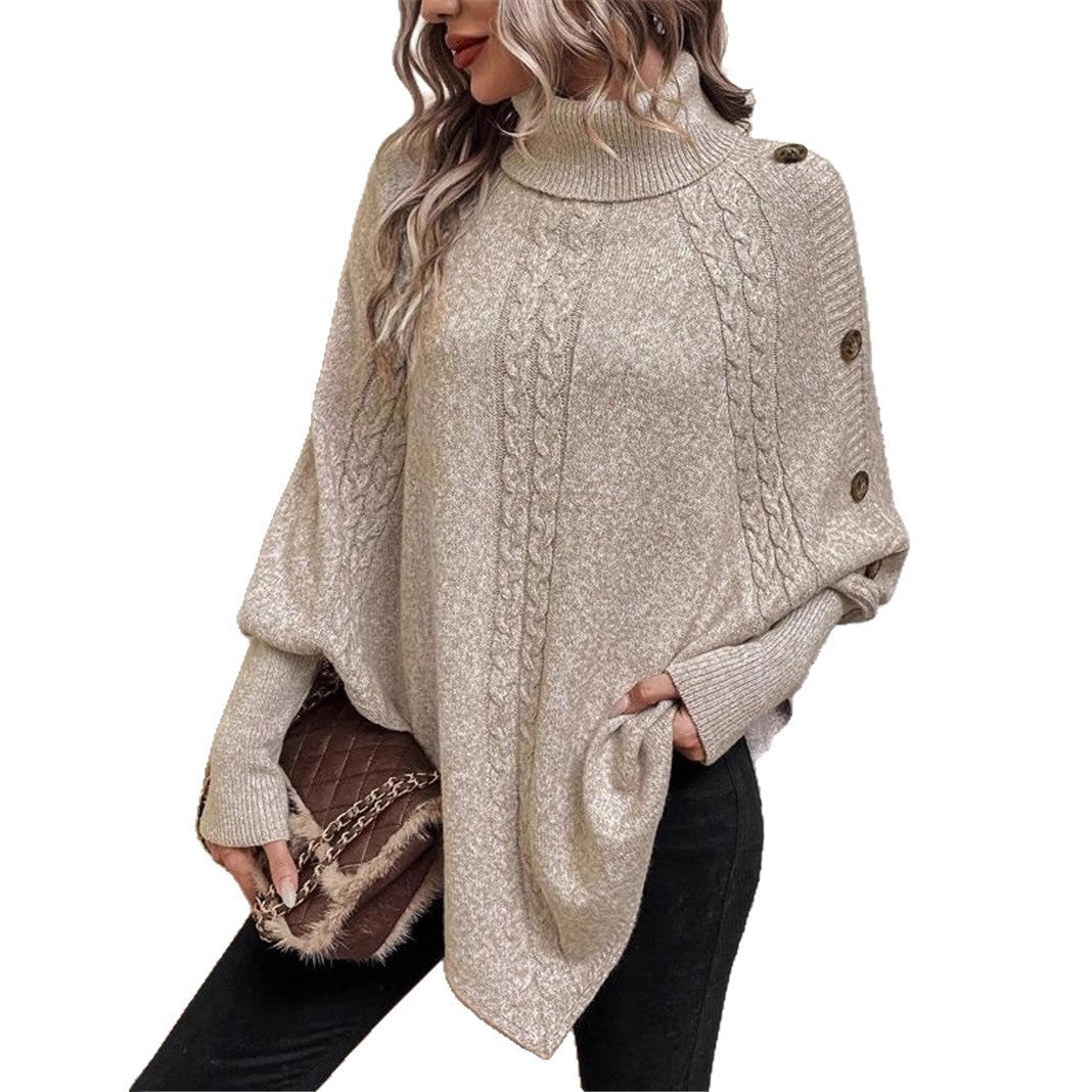 Women's Oversized Knit Sweater with Roll Neck and Button Details NOVAE