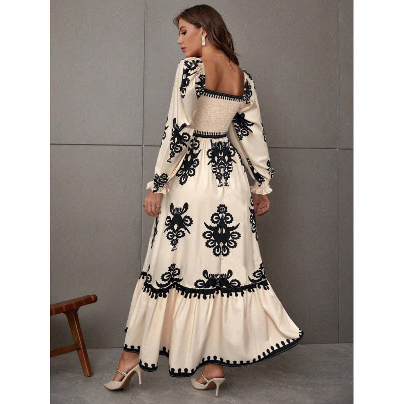 Women's maxi dress with puff sleeves and elegant embroidery pattern NOVAE