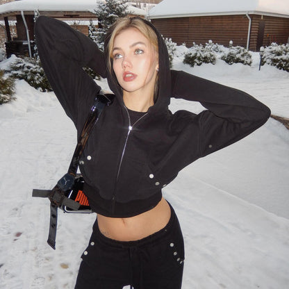 Women's sporty cropped hoodie with innovative snap button details NOVAE