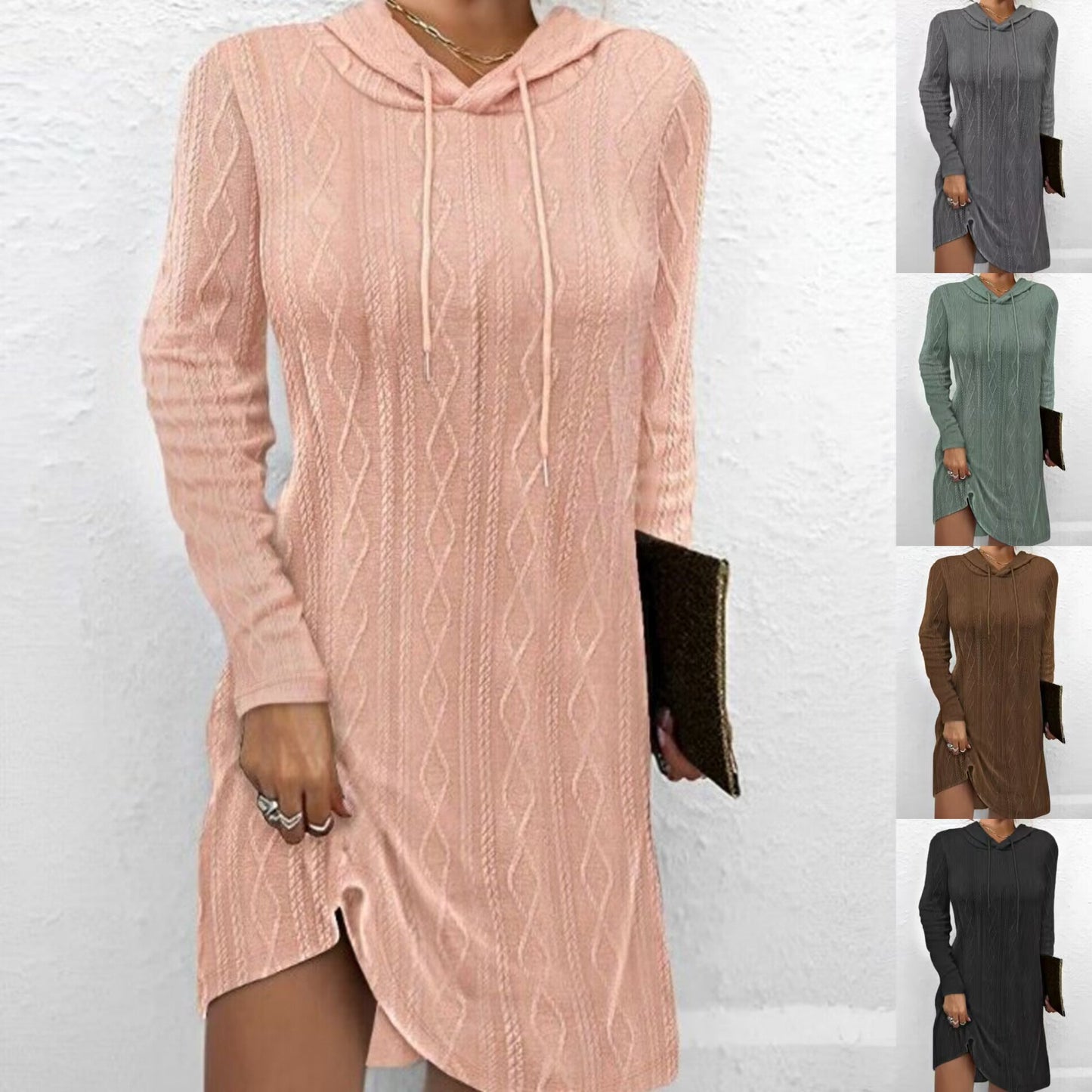 Women's knitted dress with hood and fine cable pattern NOVAE