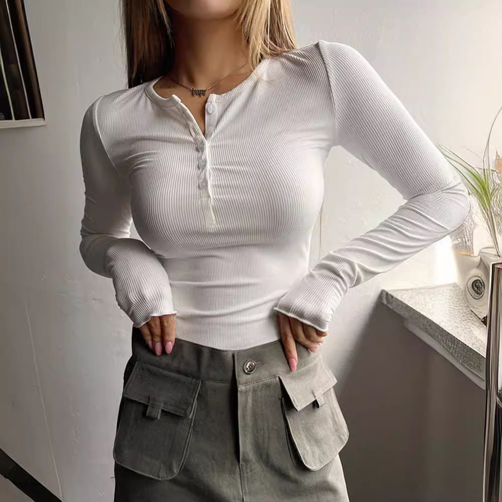 Women's long-sleeved shirt with button placket and fine rib texture NOVAE