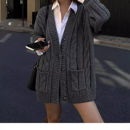 Women's knitted cardigan with deep V-neck and textured cable pattern NOVAE