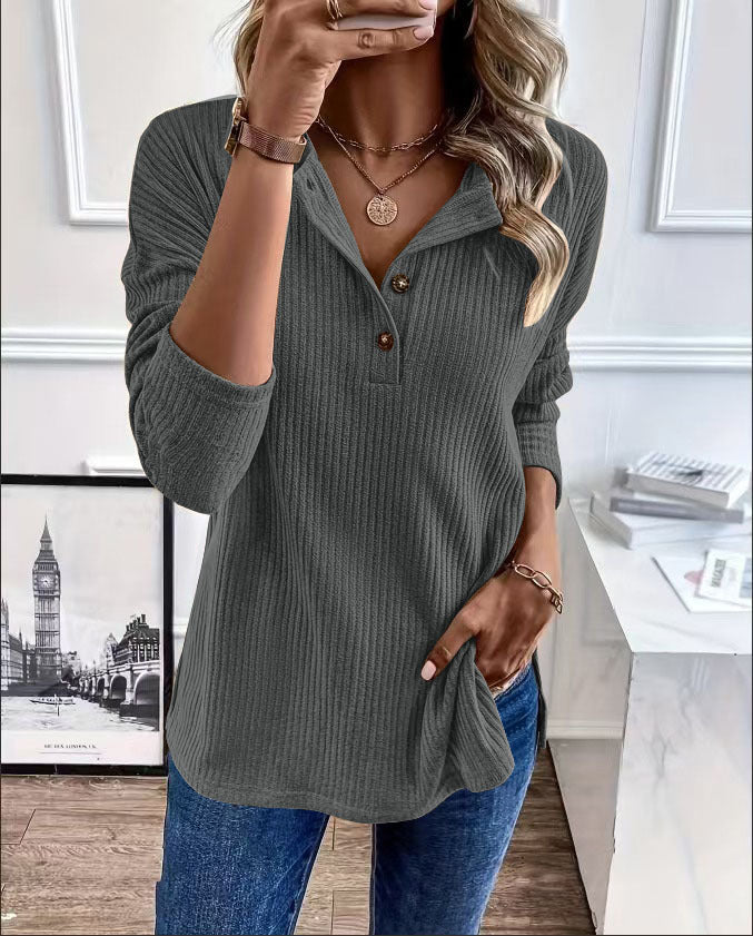Women's casual ribbed sweater with button placket and 3/4 sleeves NOVAE