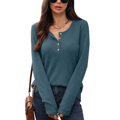 Women's waffle knit long-sleeved shirt with button placket NOVAE