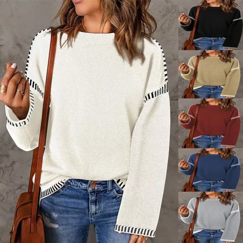 Women's fashionable sweater with textured material and striped details NOVAE