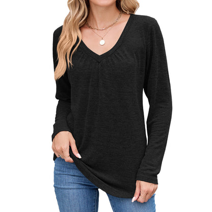 Women's casual long-sleeved shirt with V-neck and pleat detail NOVAE