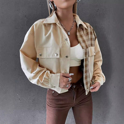 Women's crop utility jacket with checked sleeves and classic snap buttons NOVAE